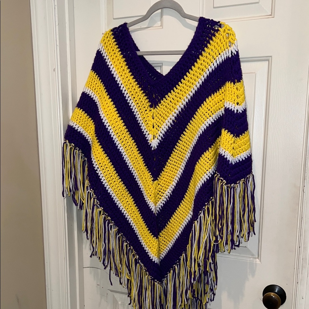Handmade ECU Purple and Yellow Striped Poncho with Fringe
